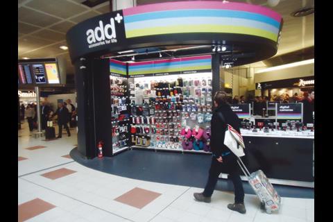 The Add shop is kiosk-like, but stands out due to its height and use of colourful signage